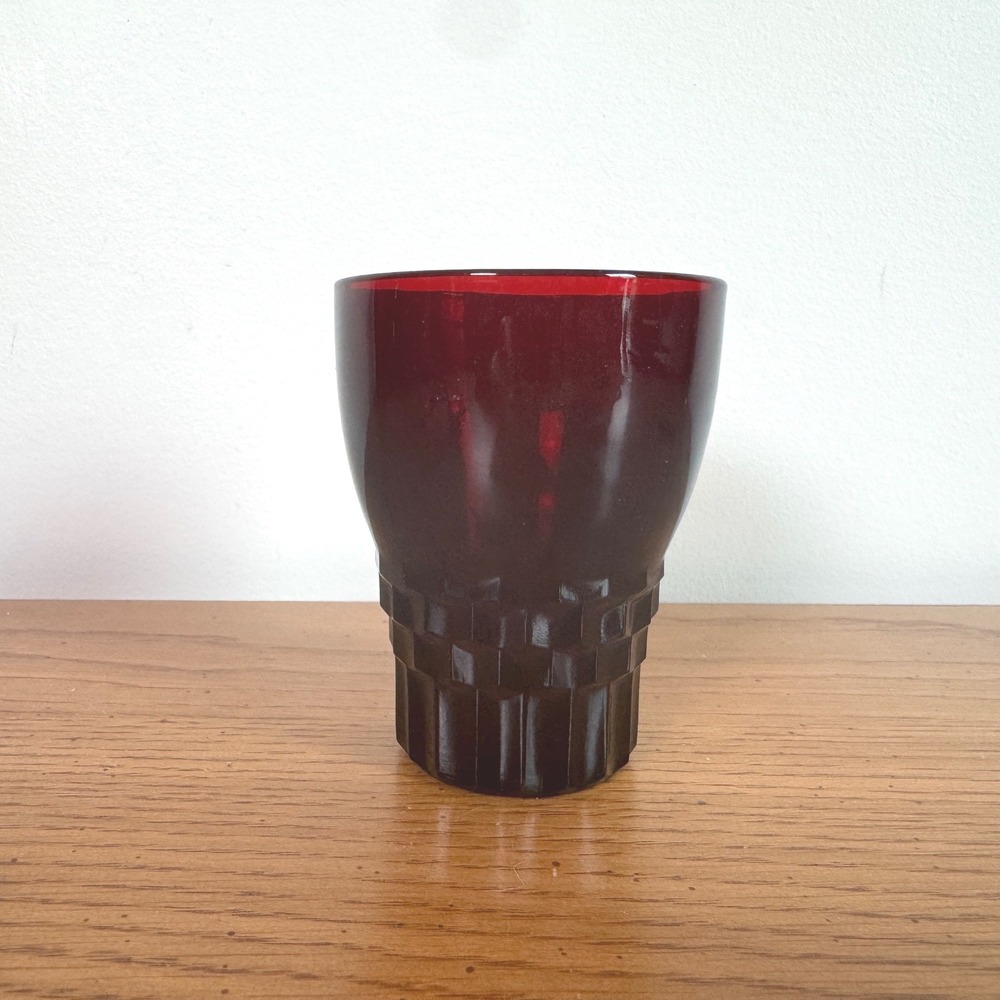 Vintage Ruby Red Glass Tumbler with Geometric Textured Base Mid Century Modern